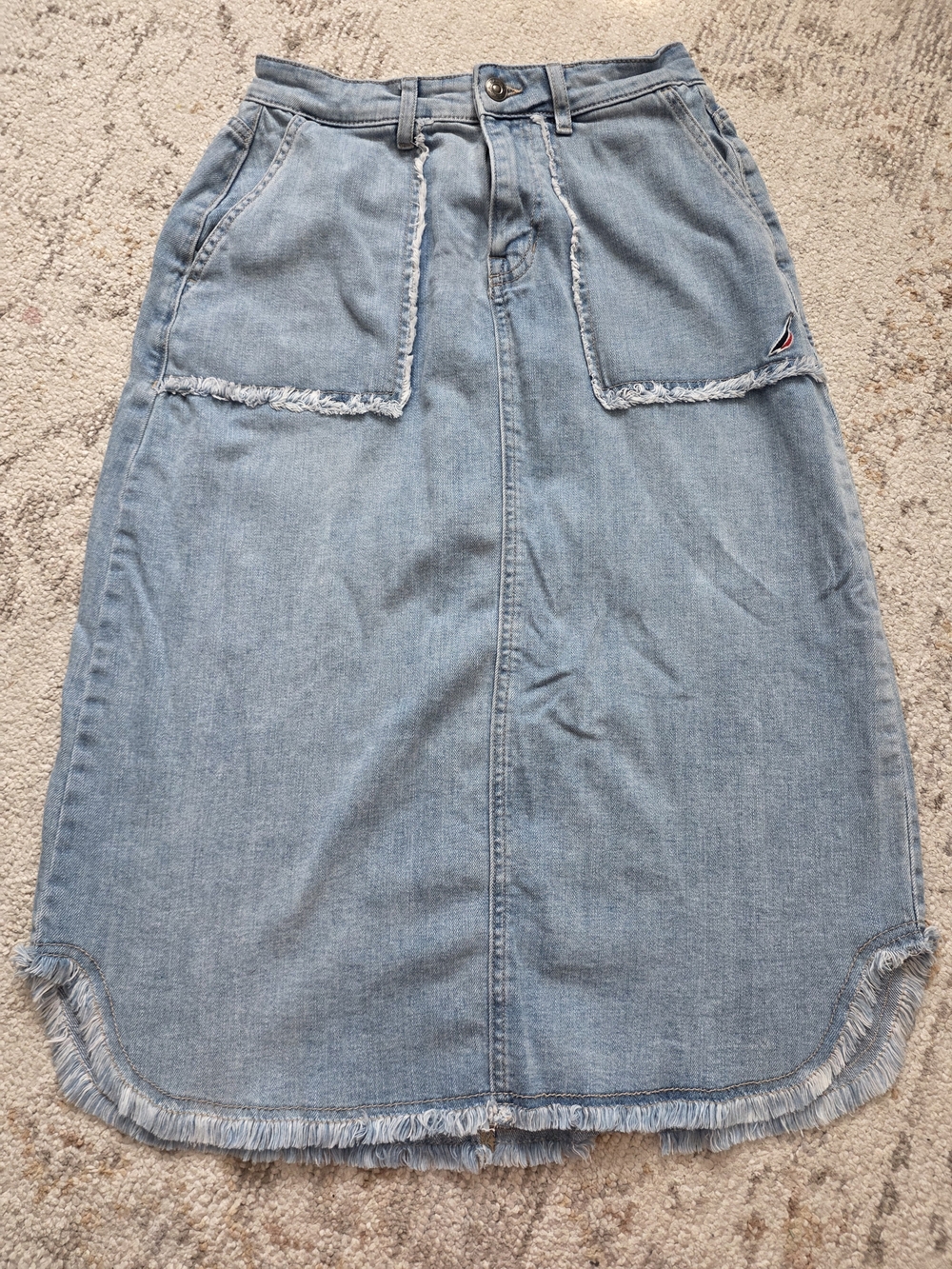 Nautica Light Blue Denim Midi Skirt with Frayed Trim